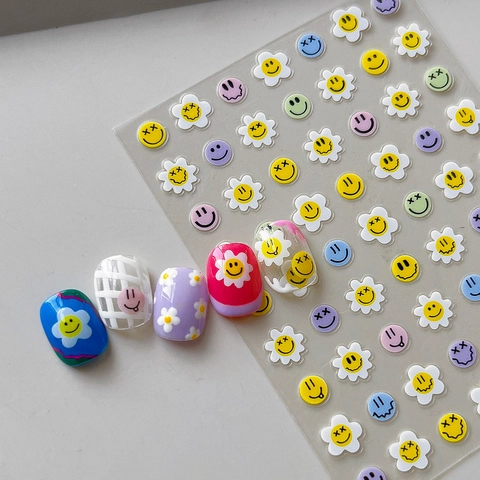 Cartoon Smiley Face Sunflower Nail Art Stickers Multicolor Daisy Self-Adhesive Flat Nail Decoration Decals For Women DIY Manicure