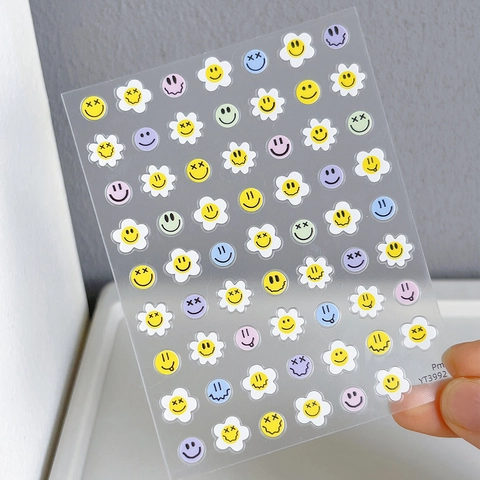 Cartoon Smiley Face Sunflower Nail Art Stickers Multicolor Daisy Self-Adhesive Flat Nail Decoration Decals For Women DIY Manicure