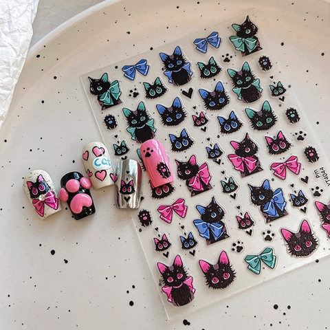 Süße Schwarze Katze Schleife Nagelaufkleber Selbstklebend Cartoon Katzenpfote Herz Muster Nagelsticker Für Damen Maniküre Deko