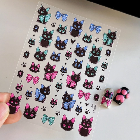 Süße Schwarze Katze Schleife Nagelaufkleber Selbstklebend Cartoon Katzenpfote Herz Muster Nagelsticker Für Damen Maniküre Deko