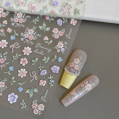 5D Geprägte Blumen Nagelkunst Aufkleber Traumgarten 3D Relief Floral Schleife Selbstklebend Trendy Maniküre Dekoration Aufkleber
