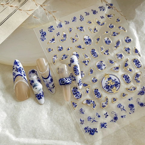 Chinese Style Blue And White Porcelain Nail Art Stickers Bronzing Embossed Floral Self Adhesive Nail Decals For Women DIY Manicure Decoration