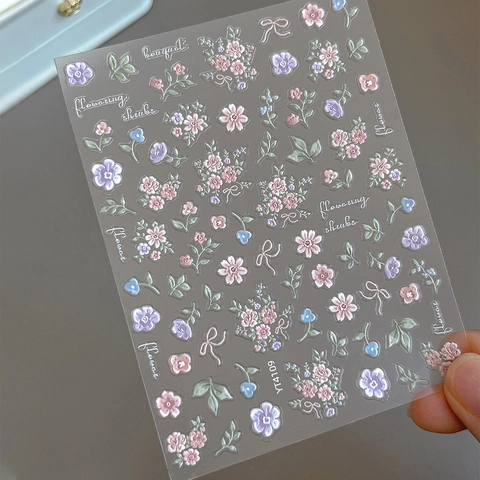 5D Geprägte Blumen Nagelkunst Aufkleber Traumgarten 3D Relief Floral Schleife Selbstklebend Trendy Maniküre Dekoration Aufkleber