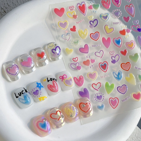 3D Relief Herz Nagelkunst Aufkleber Gelee Bunt Selbstklebende Nagel Abziehbilder Für Frauen Maniküre DIY Dekoration Herz Muster