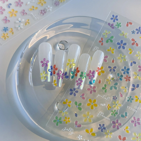 3D Colorful Five Petal Flower Nail Stickers Jelly Embossed Self Adhesive Floral Nail Art Decals DIY Manicure Decoration