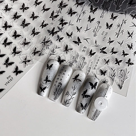 Autocollants pour Ongles Style Encre de Chine Vintage Papillon Noir Bambou Calligraphie Décalcomanies de Manucure Autocollantes Femme