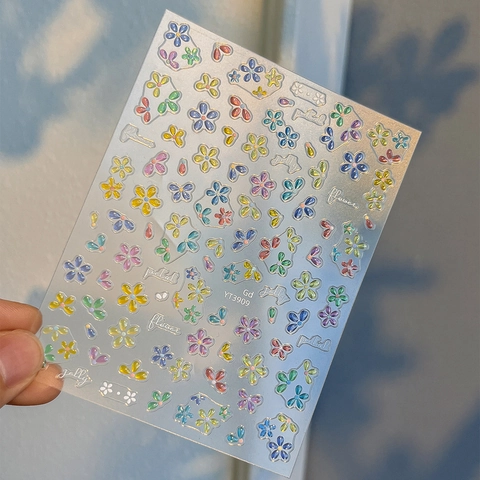 3D Colorful Five Petal Flower Nail Stickers Jelly Embossed Self Adhesive Floral Nail Art Decals DIY Manicure Decoration