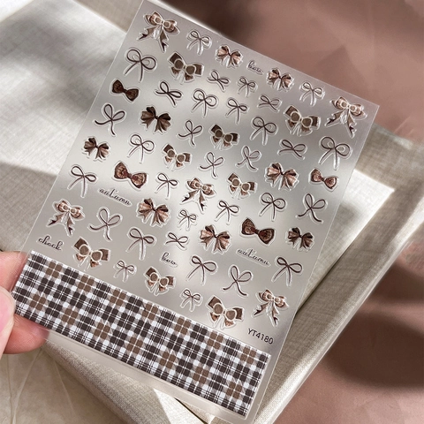 Adesivi per Unghie 3D Goffrati Fiocco Plaid Autunno Retro Decalcomanie Fiocchi a Quadri Autoadesivi per Donna DIY Manicure