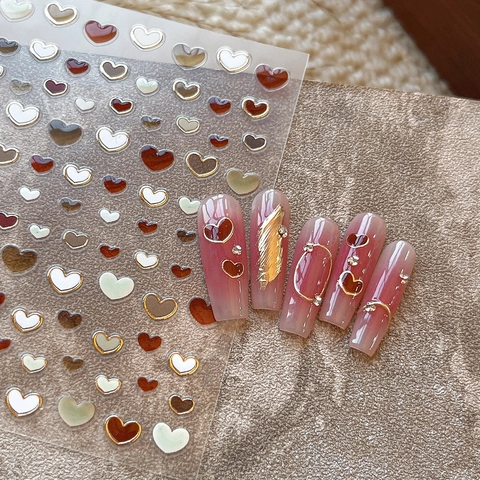 Pegatinas de Nail Art Corazón de Jalea 3D Estampado en Caliente Marco de Metal Dorado Calcomanías de Corazón Autoadhesivas para Decoración de Manicura DIY
