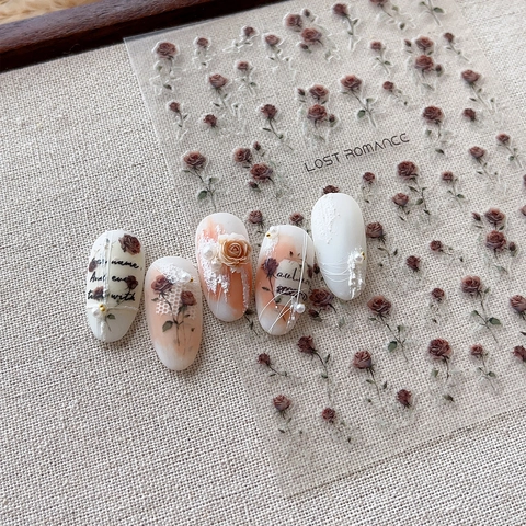 Vintage Dried Rose Nail Stickers Adhesive Floral Nail Decals For Women DIY Manicure Decoration Retro Flower Nail Art