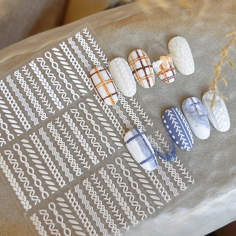 5D Embossed Woolen Texture Nail Art Stickers White Knitted Pattern 3D Adhesive Nail Decals For Winter Manicure Decoration