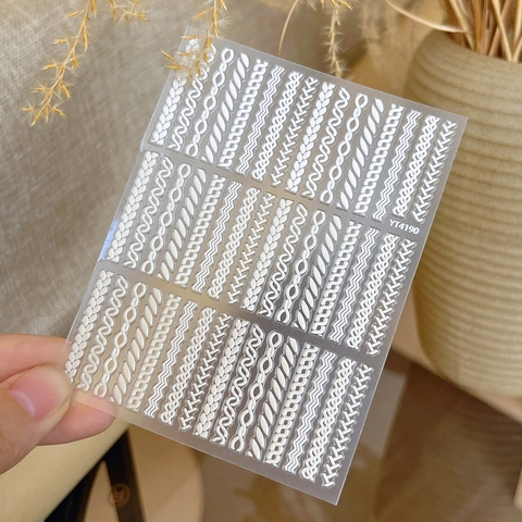 5D Embossed Woolen Texture Nail Art Stickers White Knitted Pattern 3D Adhesive Nail Decals For Winter Manicure Decoration