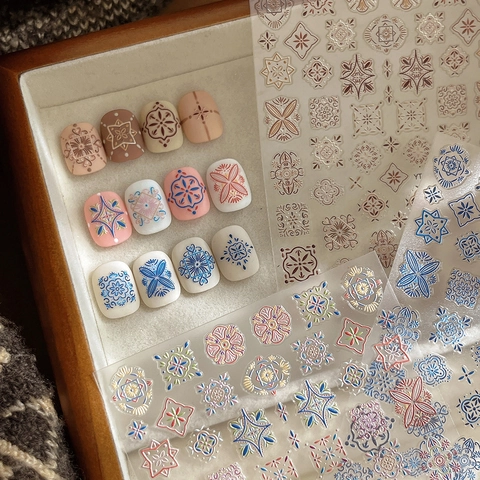 Bohemian 5D Embossed Nail Art Stickers Ethnic Mandala Floral Geometric Self Adhesive PET Decals For Manicure DIY Decoration