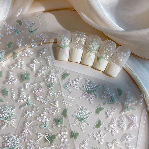 3D Relief Maiglöckchen Nagelsticker Blumen Schleife Schmetterling Selbstklebend Maniküre Decals Dekoration YT4111