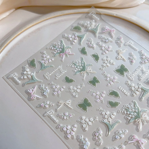 3D Relief Maiglöckchen Nagelsticker Blumen Schleife Schmetterling Selbstklebend Maniküre Decals Dekoration YT4111