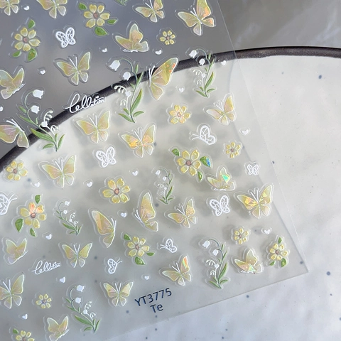 Gele Vlinder Lelietje-van-dalen Nagelstickers Holografisch Laser Schelplicht Zelfklevend Nagel Decals Voor Vrouwen DIY Manicure Decoratie