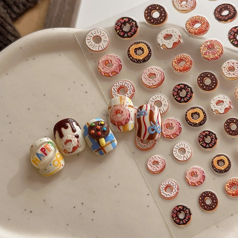 3D Embossed Donut Nail Art Stickers Self Adhesive Cute Colorful Dessert Design Manicure Decoration For Women Nail Decals