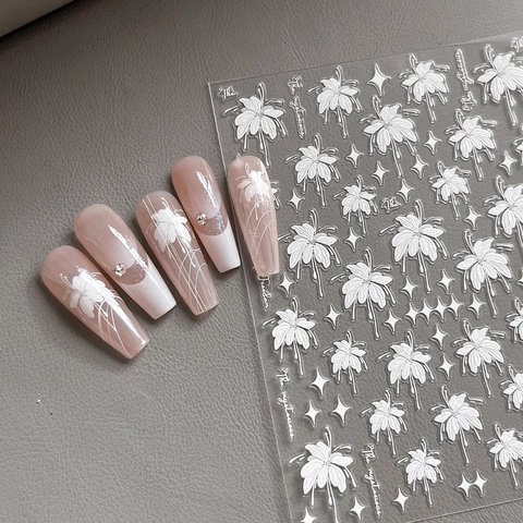 5D White Flower Relief Nail Stickers 3D Embossed Floral Star Decals For Women DIY Nail Art Decoration Manicure YT4061