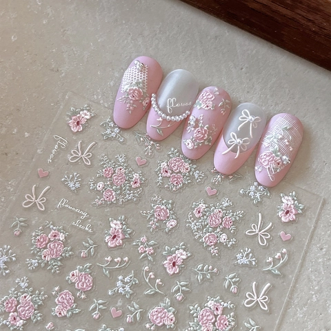 3D Embossed Nail Art Stickers French Pink Rose Flower White Bow Heart Design 5D Relief Self-Adhesive Nail Decals For Women