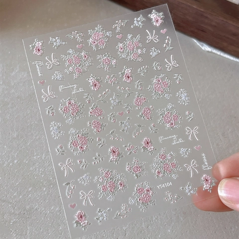 3D Embossed Nail Art Stickers French Pink Rose Flower White Bow Heart Design 5D Relief Self-Adhesive Nail Decals For Women