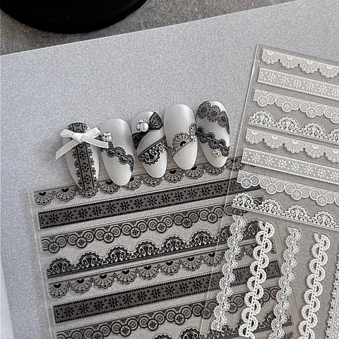 Adesivi per Unghie in Pizzo a Rilievo Neri Bianchi Righe Floreali Decalcomanie Adesive Francese Retro Fai Da Te Manicure Donna