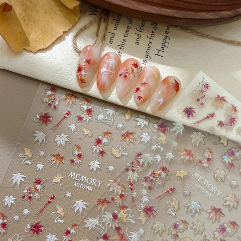 Autumn Maple Leaf Ginkgo Bird Nail Art Stickers 3D Relief Laser Iridescent Adhesive Decals For Women Manicure Decoration