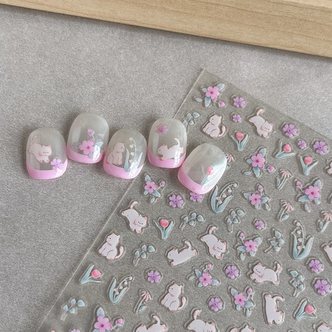Süße Cartoon Katze Blume Nagelaufkleber Transparent Selbstklebende Abziehbilder Blumen Kätzchen Maniküre Dekoration Für Damen