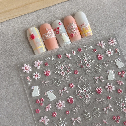 3D Embossed Rabbit Flower Nail Stickers Pink White Bow Strawberry Self Adhesive Nail Art Decals Love Pattern Women Decoration