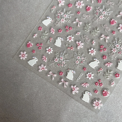3D Embossed Rabbit Flower Nail Stickers Pink White Bow Strawberry Self Adhesive Nail Art Decals Love Pattern Women Decoration
