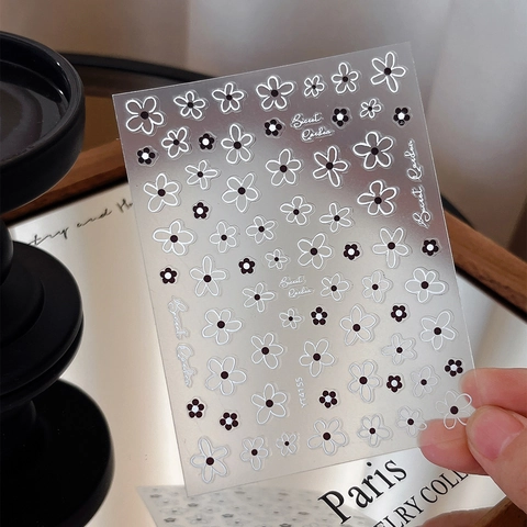 Embossed Hollow Five Petal Flower Nail Art Stickers Black White Daisy Nail Decals Floral Manicure Decoration YT4155