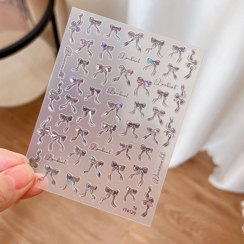 Bowknot Nail Stickers Laser Holographic 3D Adhesive Ribbon Bow Nail Decals For Women DIY Manicure Decoration Nail Art Accessory