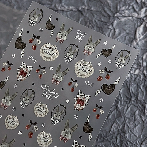 Vintage Konijn Aardbei Nagelstickers Retro Hart Strik Ster Zoete Kawaii Zelfklevende Manicure Decals Voor Vrouwen DIY Decoratie