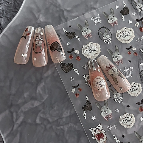 Vintage Konijn Aardbei Nagelstickers Retro Hart Strik Ster Zoete Kawaii Zelfklevende Manicure Decals Voor Vrouwen DIY Decoratie