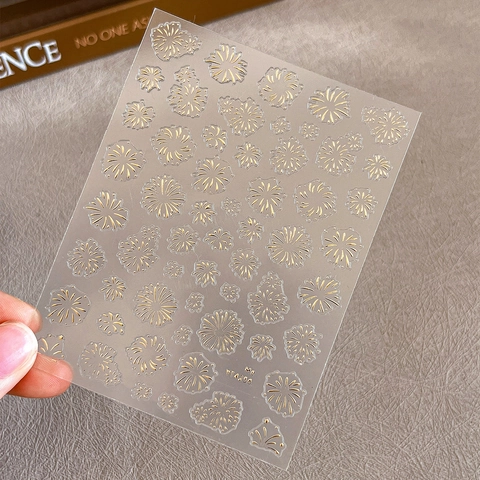 Gold Silber Folie Feuerwerk Nagelaufkleber 5D Relief Karo Blumen Selbstklebend Nail Art Decals Luxus DIY Dekoration