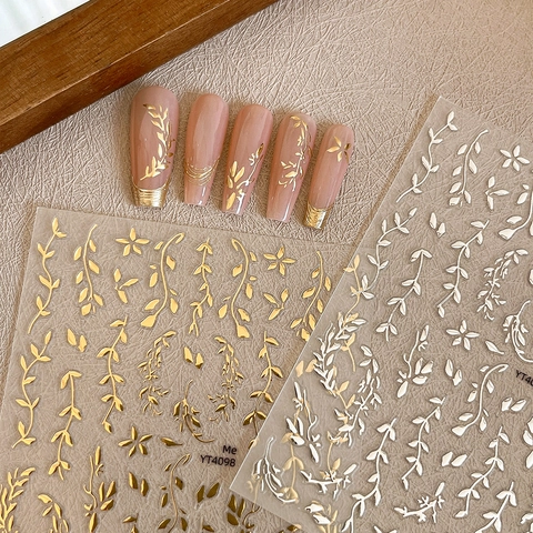 Gold Silver Leaf Nail Art Stickers 5D Embossed Metallic Vine Plaid Patterns Self Adhesive Manicure Decals Women DIY Decor