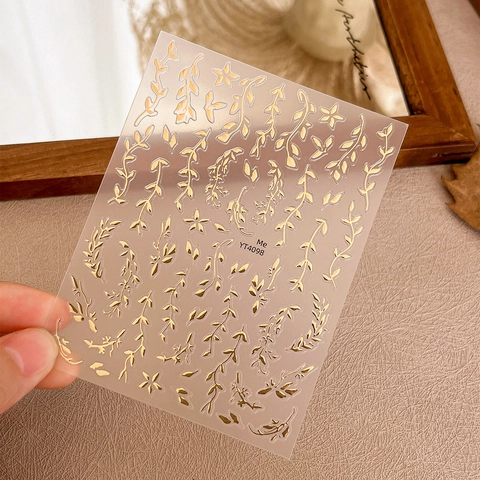 Gold Silver Leaf Nail Art Stickers 5D Embossed Metallic Vine Plaid Patterns Self Adhesive Manicure Decals Women DIY Decor