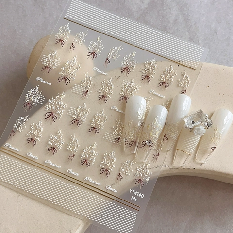 3D Embossed Nail Art Stickers White Flower Bouquet Brown Bow Pattern Self-Adhesive Nail Decals Elegant Floral Manicure Decoration For Women