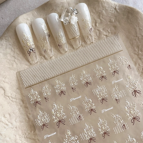 3D Embossed Nail Art Stickers White Flower Bouquet Brown Bow Pattern Self-Adhesive Nail Decals Elegant Floral Manicure Decoration For Women