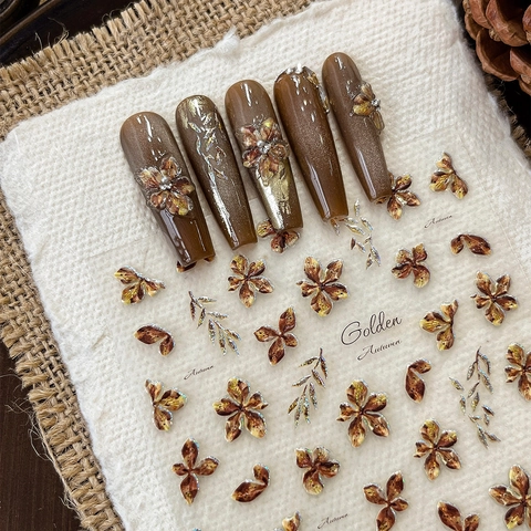 3D Geprägte Goldener Herbst Blumen Nagelaufkleber Metallische Bronze Blatt Selbstklebende Abziehbilder Für Damen DIY Maniküre Dekoration