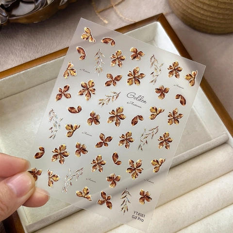3D Geprägte Goldener Herbst Blumen Nagelaufkleber Metallische Bronze Blatt Selbstklebende Abziehbilder Für Damen DIY Maniküre Dekoration