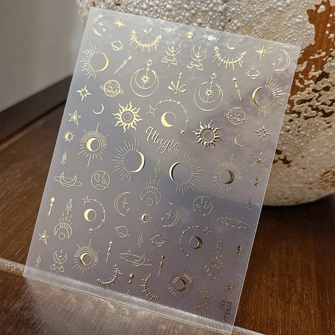 Adesivi per Unghie Stelle Lune Celesti Oro Argento 3D Bronzatura Decalcomanie Autoadesive Sole Luna Pianeta Decorazione Unghie