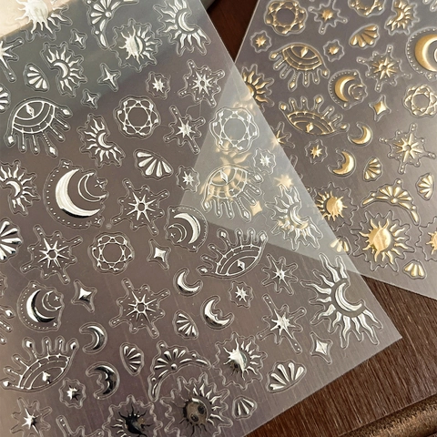 Gold Silver Stamping Nail Stickers Star Moon Celestial Sun Pattern Self Adhesive Relief Nail Art Decoration Stickers