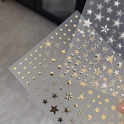 Metallic Gold Silver Star Nail Art Stickers Mini Plaid Self Adhesive Stars Moon Decals For Women DIY Manicure Decoration