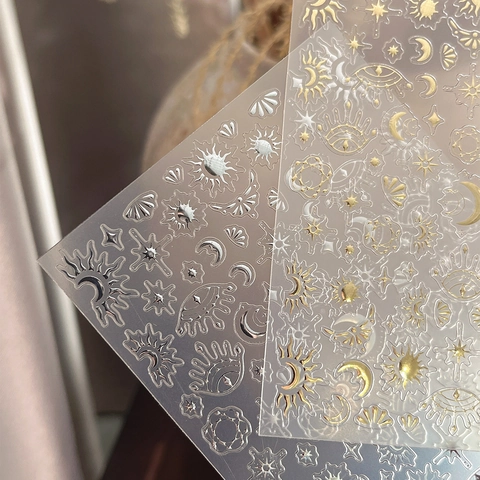 Gold Silver Stamping Nail Stickers Star Moon Celestial Sun Pattern Self Adhesive Relief Nail Art Decoration Stickers