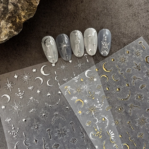 Metallic Bronzing Gold Silver Star Moon Nail Art Stickers 3D Adhesive Starry Sky Grid Pattern Nail Decoration Decals
