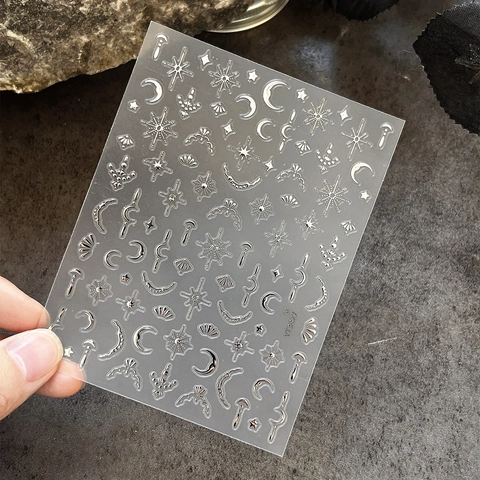 Metallic Bronzing Gold Silver Star Moon Nail Art Stickers 3D Adhesive Starry Sky Grid Pattern Nail Decoration Decals