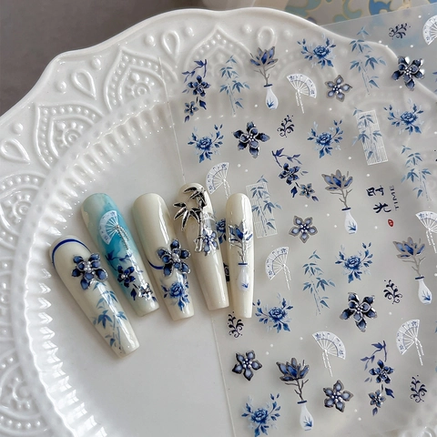 Chinese Style Blue And White Porcelain Relief Nail Art Stickers Vintage Floral Bamboo Fan Design Self Adhesive Nail Decals For Women Decoration
