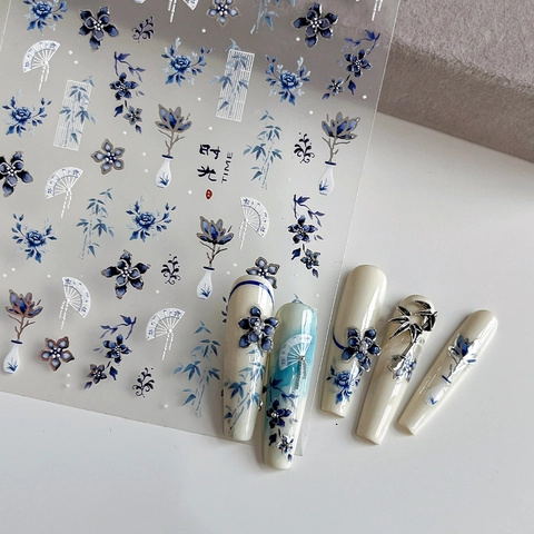 Chinese Style Blue And White Porcelain Relief Nail Art Stickers Vintage Floral Bamboo Fan Design Self Adhesive Nail Decals For Women Decoration