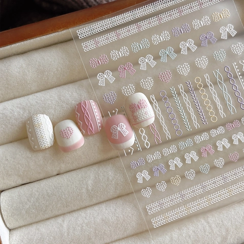 3D Embossed Knitting Pattern Nail Art Stickers Sweet Heart Bowknot Manicure Decals Winter Sweater Texture Nail Decoration