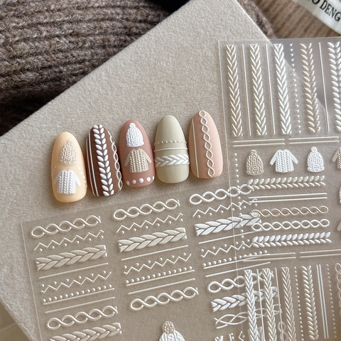 Embossed Sweater Knit Pattern Nail Stickers Adhesive Winter Nail Decals For Women DIY Manicure Nail Art Decoration